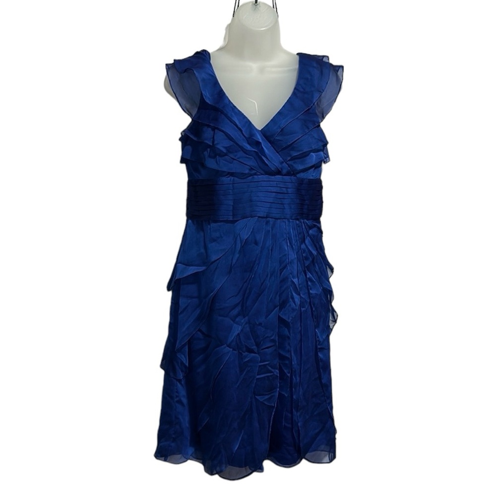 Adrianna Papell Dress Womens 6P Blue Tiered Layered Sleeveless V Neck Sheath